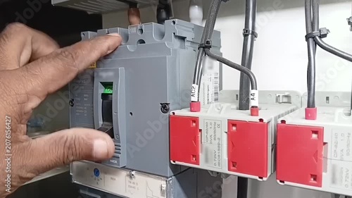 Electrician resetting and turning on a tripped molded case circuit breaker MCCB inside industrial electrical power distribution panel
