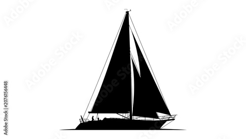 Fotografie Silhouette of a Sailboat: A striking black silhouette of a modern sailboat with full sails, gliding gracefully across the water under a clear sky