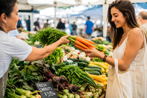 Smiling Woman Buying Fresh Organic Carrots from Farmer Market Vendor
