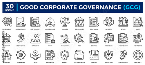 A collection of Good Corporate Governance (GCG) icons. Contains icons for transparency, accountability, responsibility, independence, fairness, compliance, sustainability, responsibility, control, reg