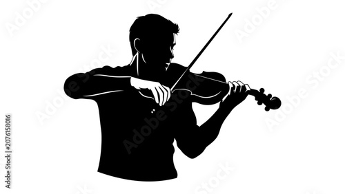 Fotografía Silhouette of a Violinist: A striking black silhouette captures a musician skillfully playing the violin, demonstrating grace and dedication to their craft