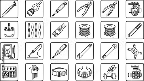 Foto Electronics  DIY Tools and Drone Building Components Black  White Line Art Icons