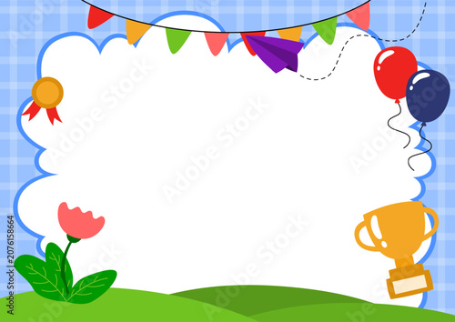 cute frame with balloons, flowers and a trophy