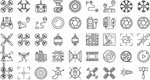 Black and White Line Art Icons Set for Drone Technology and Aerial Photography