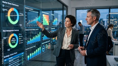 Executive analyzing business intelligence dashboards and predictive analytics data for strategic corporate decision making.
