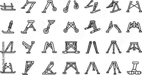 Bild auf Leinwand Aviation, Automotive, and Industrial Landing Gear, Jacks, and Support Equipment Line Art Icons Set