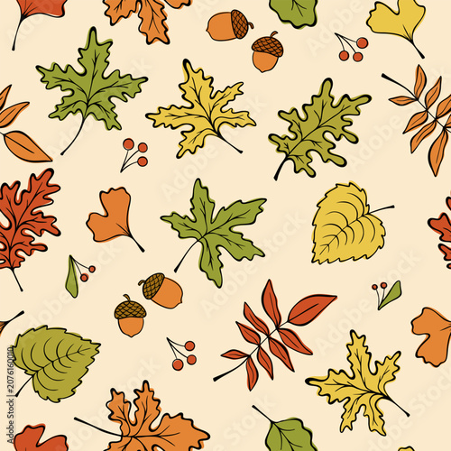 Seamless autumn leaves, acorns, and oak forest elements