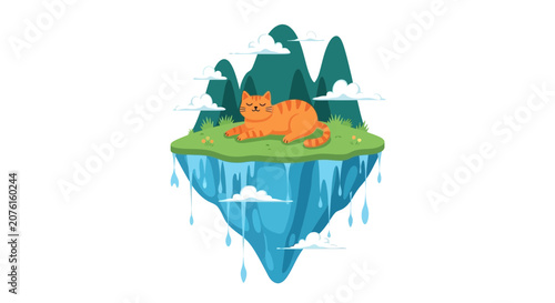 Bild auf Leinwand Orange tabby cat resting on a floating island with mountains and clouds, whimsic