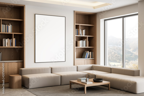 Modern interior design living room with empty wall poster mockup, wooden shelves and large window creating serene architecture ambiance. 3D Rendering