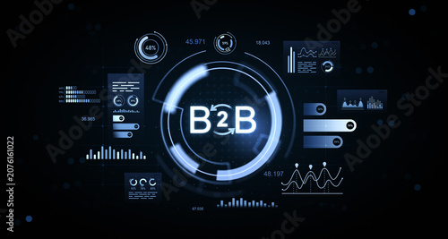 Digital B2B interface with futuristic charts and data panels on dark tech background illustrating modern business analytics concept. 3D Rendering