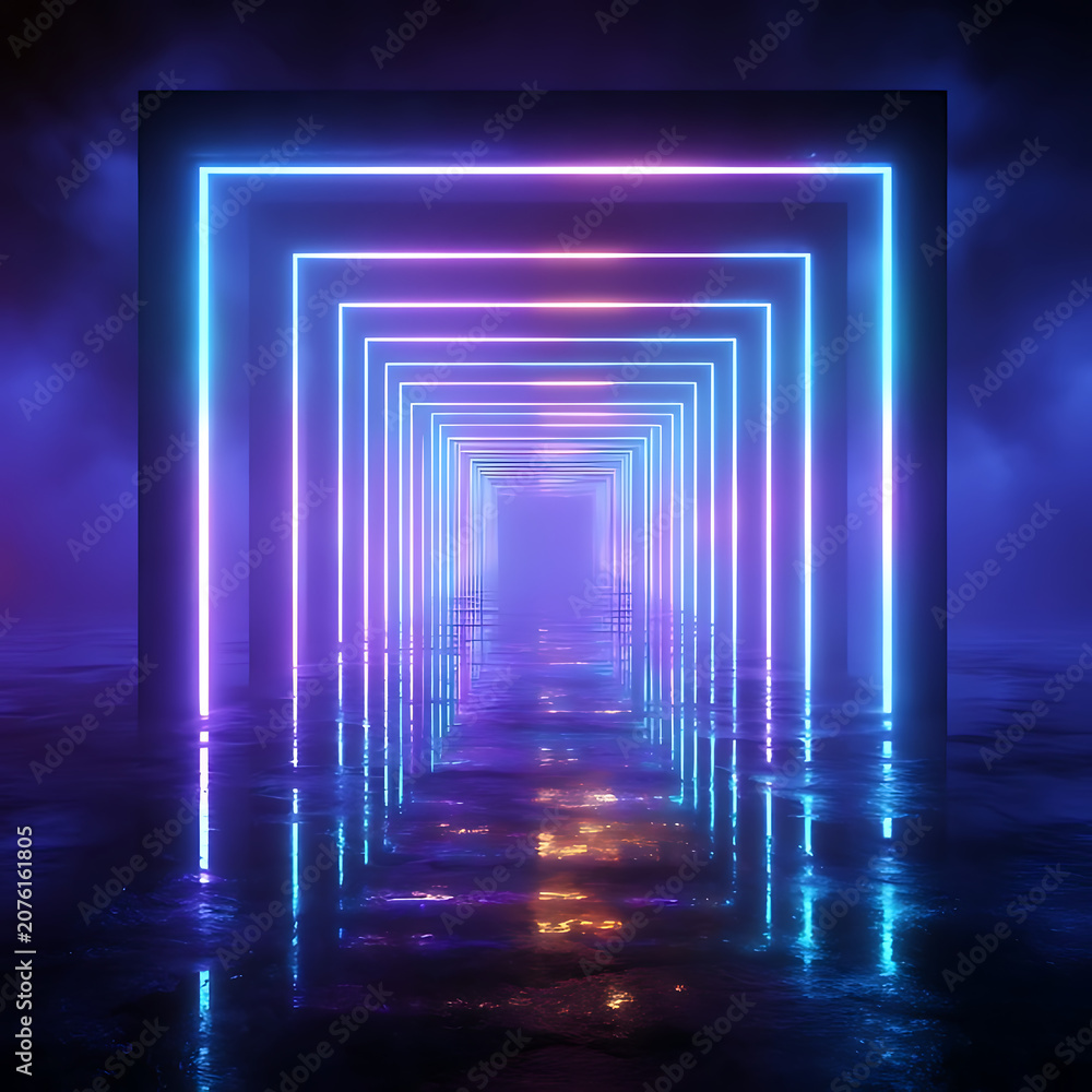 Obraz premium Neon tunnel with receding squares futuristic 3d rendering with reflections