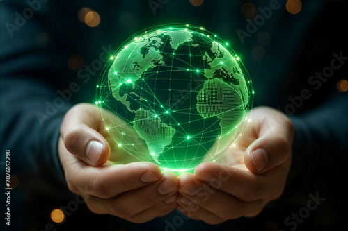 Hands Cradle a Glowing Green Digital Globe Representing Global Connectivity, Sustainable Tech, and World Unity