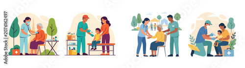 Fotografie Healthcare professionals administering vaccines to elderly and young patients, i