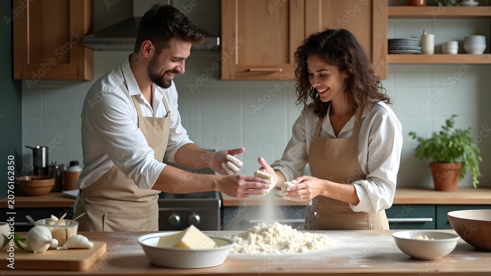 Fototapeta premium Couple cooking together in a small kitchen, flour in the air, joyful chaos