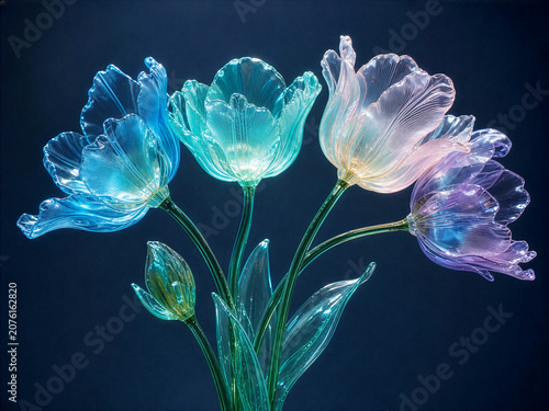 Luminous Hand-Blown Glass Tulips: Elegant Glowing Crystal Flower Bouquet Artwork Isolated on Dark Background
