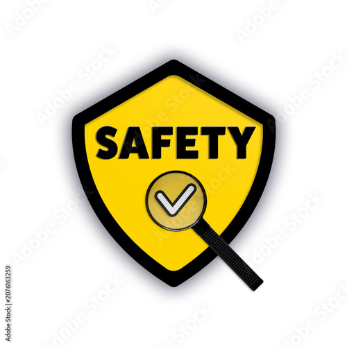 Safety shield icon with magnifying glass and check mark for verified safety symbol