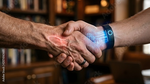 Futuristic Handshake Concept with Biometric Data and Digital Integration