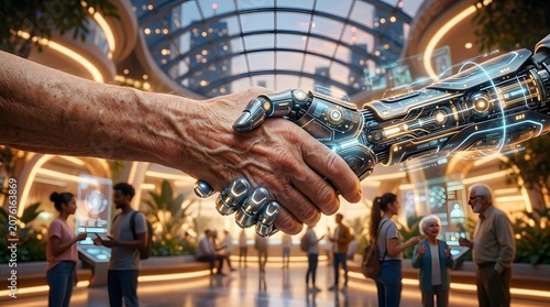 Human and Robot Handshake in Futuristic Lobby