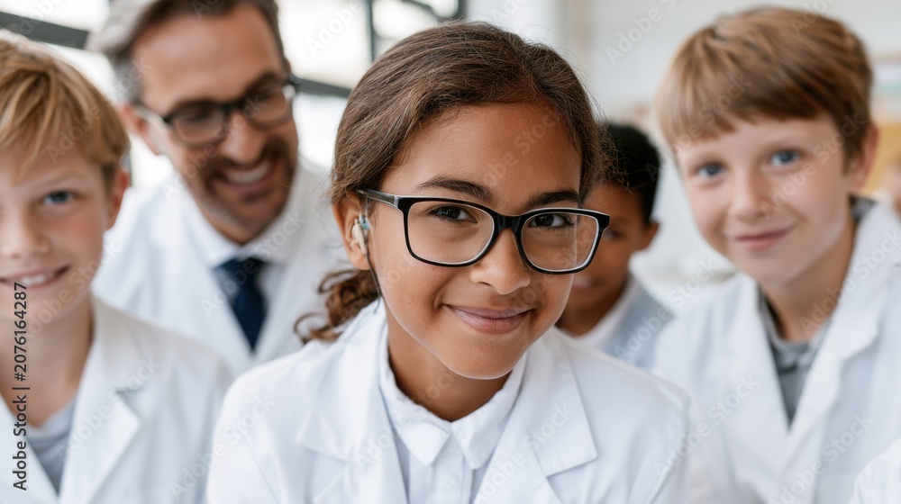 Fototapeta premium Group of diverse schoolchildren wearing white lab coats and glasses, smiling at the camera with a teacher in a modern classroom setting