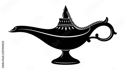 Foto Genie Lamp Silhouette: A striking black silhouette of an ornate genie lamp, often associated with magic, wishes, and ancient Arabian tales