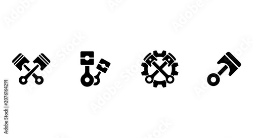 Foto Collection of black silhouette engine piston icons with gear and crankshaft