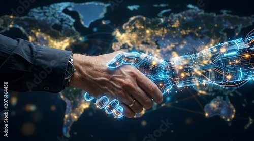 Human Hand Shaking Robotic Hand Over Digital Global Map