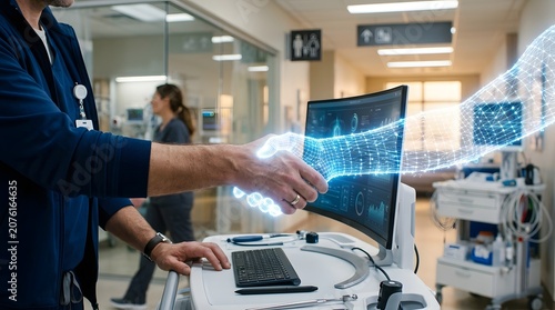 AI Healthcare Collaboration: Doctor Shaking Hands with Digital Hologram Arm in Modern Hospital