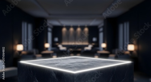 Empty Dark Stone Product Podium with Glowing Neon Light Frame in Blurred Luxury Interior Background