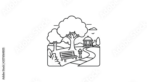 Cuadro en lienzo Park scene with trees gazebo and bench in a linear silhouette landscape