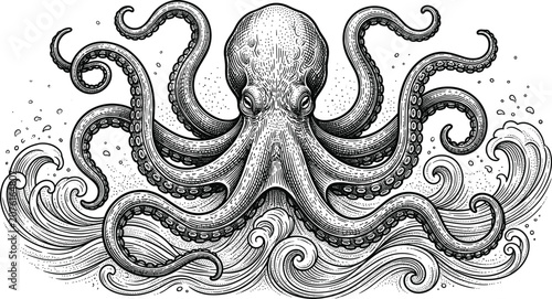 Fotografie Vintage Octopus Kraken Monster Vector Illustration Featuring Giant Sea Creature