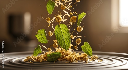 Fresh Mint Leaves and Dried Chamomile Flowers Falling onto a Surface for Herbal Tea Preparation