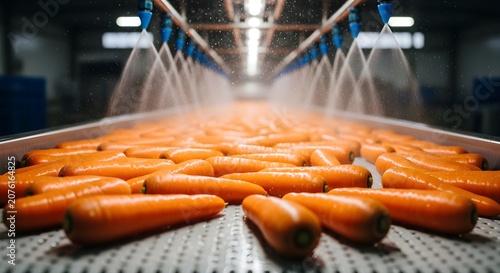 Fresh Orange Carrots Being Sprayed and Washed on a Conveyor Belt in a Food Processing Factory