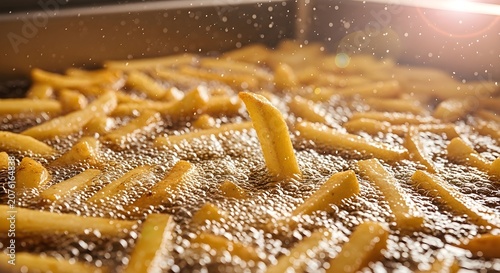 Golden French Fries Deep Frying in Hot Bubbling Oil