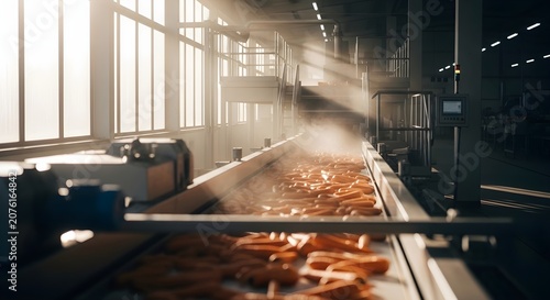 Industrial Processing Line of Carrots on a Conveyor Belt under Beautiful Morning Sun Rays