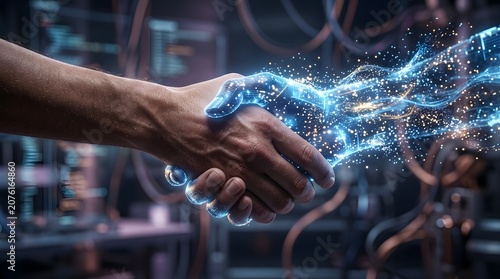 Futuristic Handshake Between Human and Digital AI Hand Representing Innovation and Partnership