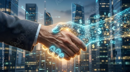 Business Handshake Between Human and Digital AI Hand Representing Global Fintech and Future Economy