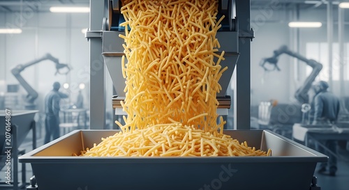 Mass Production of French Fries Falling into a Container in a Modern Factory