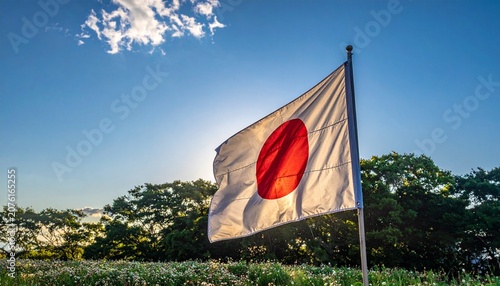 Japanese flag with red sun on white field waving outdoors, symbolizing purity, harmony, and national identity in serene natural light.