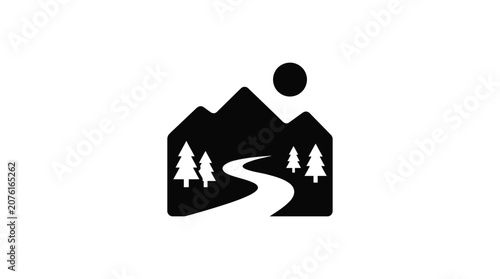Mountain landscape with winding river and trees black silhouette path peak forest