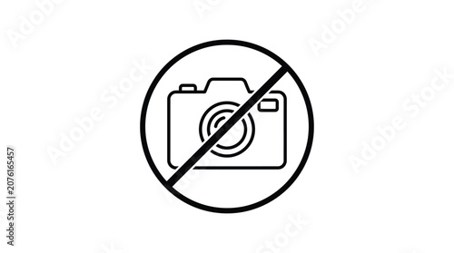 Camera prohibition sign circular graphic with diagonal line black and white silhouette