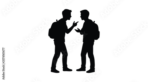 Two people with backpacks in conversation black silhouette person man men youth