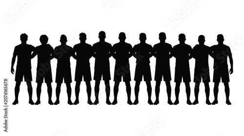 A row of ten male figures in athletic shorts black silhouette athletes
