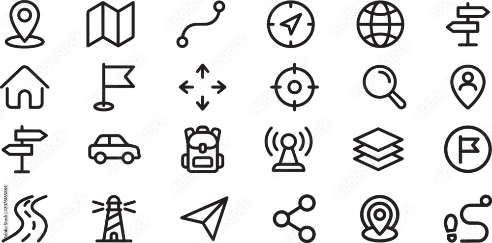 Fototapeta premium Vector Navigation, Map, and Location Line Icons Set for Travel and GPS Apps