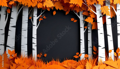 Autumn birch forest paper cut landscape frame background