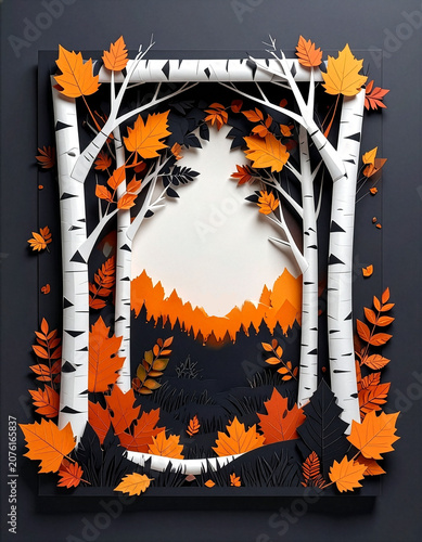 Autumn birch forest paper cut vertical border frame background