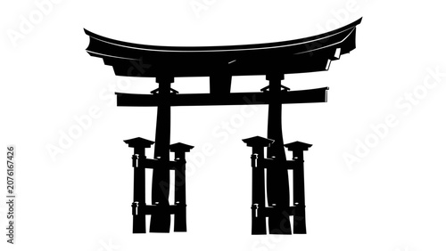 Fotografía Japanese Torii Gate Silhouette: A striking black silhouette of a traditional Japanese Torii gate stands as a symbol of passage and spirituality, evoking a sense of serenity and cultural heritage