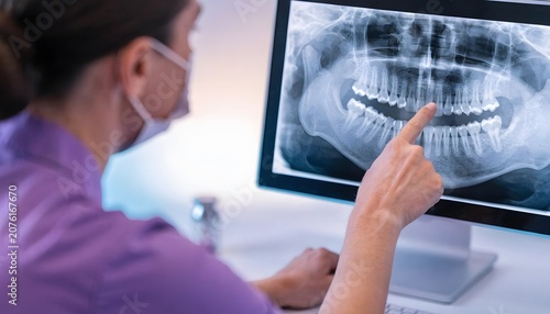 Digital panoramic dental radiograph on a computer monitor. Maxillofacial diagnostics and tooth root evaluation. Doctor pointing at a teeth scan during a clinical consultation
