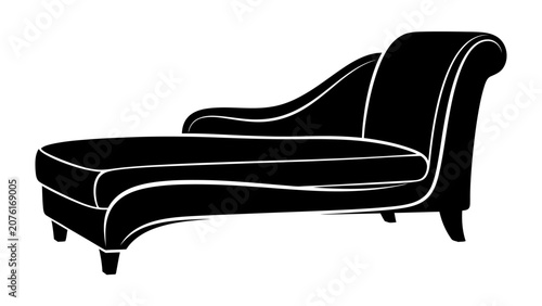 Foto Silhouette Chaise Lounge: A sleek, black silhouette of an elegant chaise lounge, featuring a gracefully curved back and a plush seat, suggesting comfort and sophisticated style
