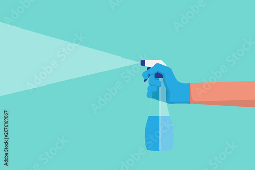 a hand wearing yellow glove holding a blue spray bottle vector.