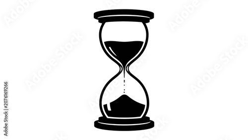 Schilderij op canvas Hourglass timer symbol: A black and white illustration of an hourglass showing sand flowing from the top bulb to the bottom, representing the passage of time and urgency